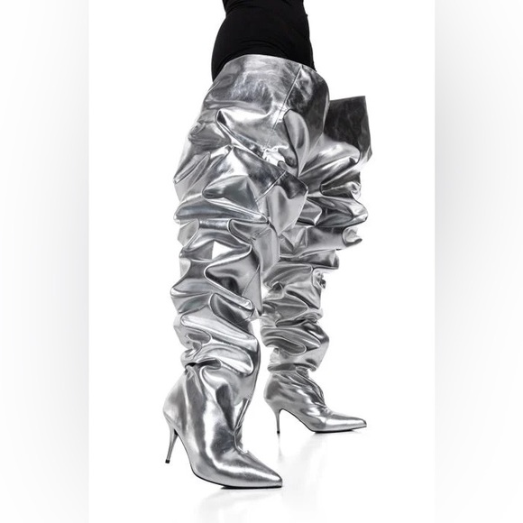 AZALEA WANG NEMY SILVER KITTEN HEEL THIGH HIGH BOOT - Picture 5 of 5